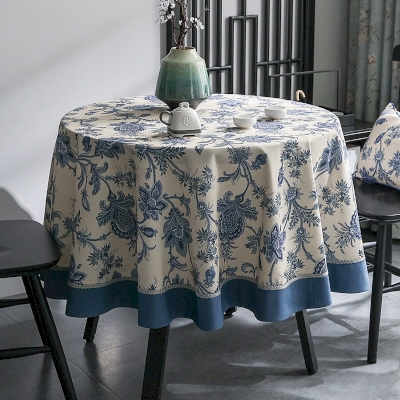 Nappe Ronde Leonard  Bleu à Motif Floral Classique