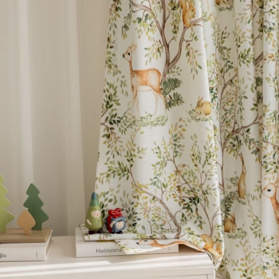 Forest Curtains, Printed Cotton and Linen Fabric, Children's Curtains with Forest Animals, Light Filtering Curtains
