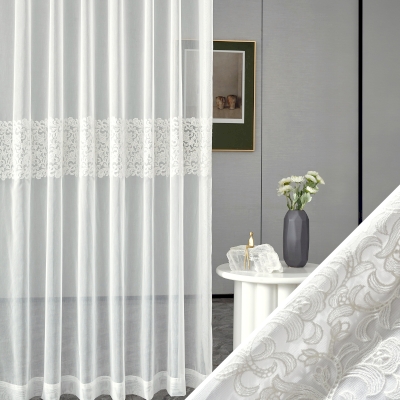Custom Sheer Curtains SARAH, Linen Fiber Fabric, Curled Floral Embroidery