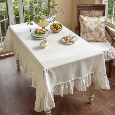 Washed linen tablecloth with ruffles, custom-made tablecloth, round tablecloth, rectangular tablecloth