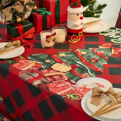 Nappe de Noël Imperméable - Motif Sapin et Cadeaux à Carreaux