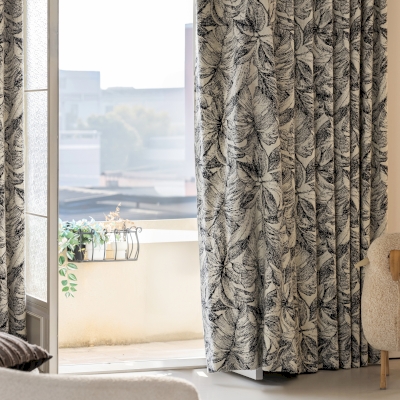 Sylva Wool Curtain, Thermal Bouclette Fabric, Black Leaf Pattern