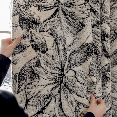 Sylva Wool Curtain, Thermal Bouclette Fabric, Black Leaf Pattern