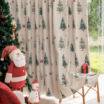 Rideau Sur Mesure ÉPICÉA, Tissu Chenille Imprimée, Motif Forêt de Sapins Illustrés de Noël