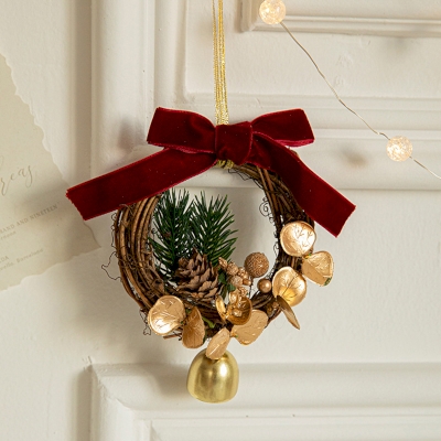 Lot de 2 Suspensions de Noël Décoratives, Grelots Rouges et Feuillage Doré avec Nœuds en Velours