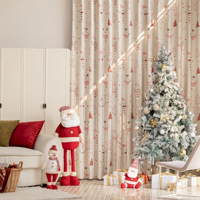 Rideau Sur Mesure NIVETTE, Tissu Chenille Imprimée, Motif Bonhommes de Neige et Sapins de Noël rouges