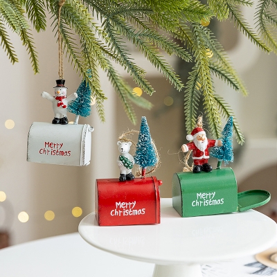 Lot de 3 Décorations à Suspendre Boîtes aux Lettres de Noël, Métal et Résine, Père Noël, Ours et Bonhomme de Neige
