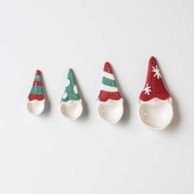 Lot de 4 Cuillères Doseuses de Noël en Céramique, Lutins Peints à la Main, Rouge et Vert