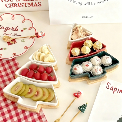 Plateau apéritif BORELY, 3 coupelles en céramique forme sapin avec support en bois