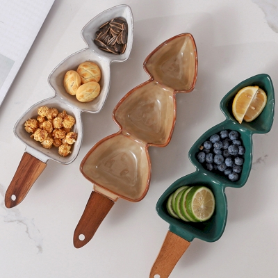 Plateau apéritif NORDIC, Céramique à Glaçure Réactive avec Manche en Bois