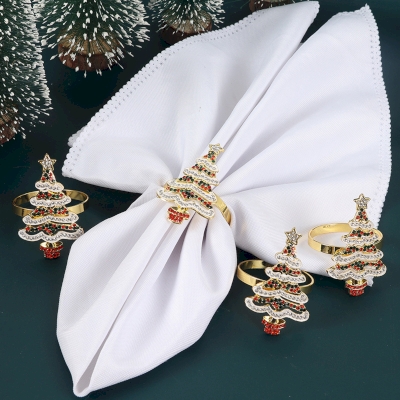 Lot de 6 Ronds de Serviette SAPINÉA, Arbre de Noël Doré Orné de Strass Multicolores