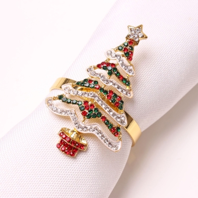 Lot de 6 Ronds de Serviette SAPINÉA, Arbre de Noël Doré Orné de Strass Multicolores