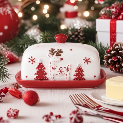 Beurrier CÉLINO, Céramique Blanche et Rouge Motif Renne de Noël