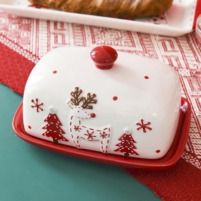 Beurrier CÉLINO, Céramique Blanche et Rouge Motif Renne de Noël