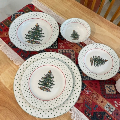 Service de Table NOËLVERA, Motif Sapin et Pois Verts, 5 Pièces en Céramique