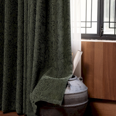 ROSÉANE Custom Curtain, Jacquard Chenille Fabric, Wild Rose Motif Carved in Relief