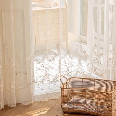 Custom-made sheer curtain for a chip shop, floral embroidered tulle, rose motifs and wavy edges