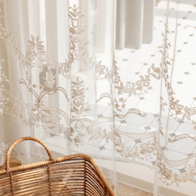 Custom-made sheer curtain for a chip shop, floral embroidered tulle, rose motifs and wavy edges