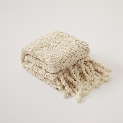 Plaid ALVÉA, Maille Tricot en Relief, Motif Géométrique Losange, Franges Torsadées