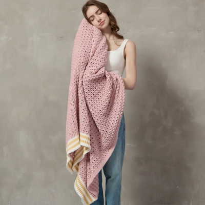 Plaid BERMON, Maille Chenille Ajourée, Finition Contrastée, 130 × 160 cm
