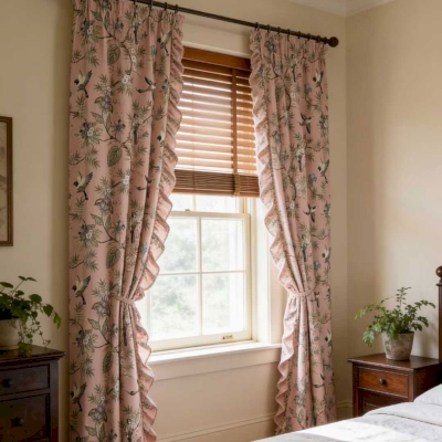 Rideau Sur Mesure ÉLISÉE, Tissu Toucher Coton-Lin, Imprimé Oiseaux & Feuillage