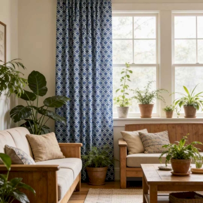 Custom-made Oxide curtain, Cotton-Linen feel fabric, Midnight Blue graphic geometric pattern