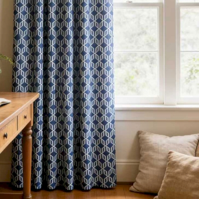 Custom-made Oxide curtain, Cotton-Linen feel fabric, Midnight Blue graphic geometric pattern