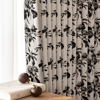 Custom-made curtain SERENIA, Chenille Jacquard fabric, Black Antique Roses pattern