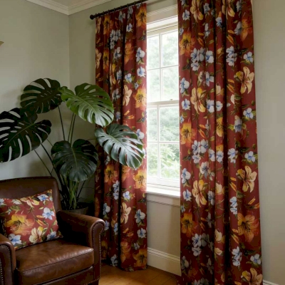 Custom-made AMARANTE curtain, Cotton-Linen feel fabric, Warm Terracotta floral print