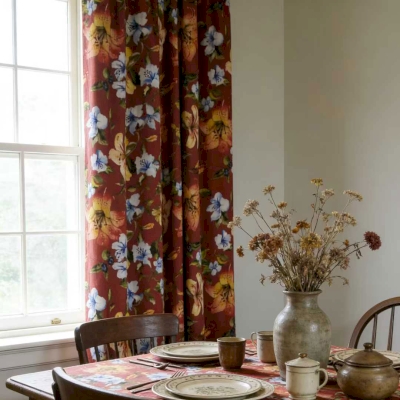 Custom-made AMARANTE curtain, Cotton-Linen feel fabric, Warm Terracotta floral print