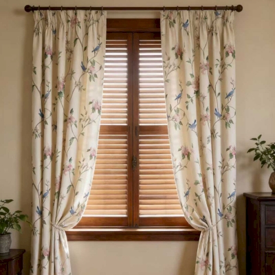 Custom-made FLORÉANE curtain, Cotton-Linen feel fabric, Floral & Bird print on an ivory background