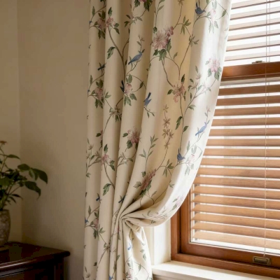 Custom-made FLORÉANE curtain, Cotton-Linen feel fabric, Floral & Bird print on an ivory background