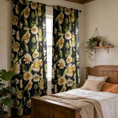 Custom-made Daisy curtain, Cotton-Linen feel fabric, Country Daisy print