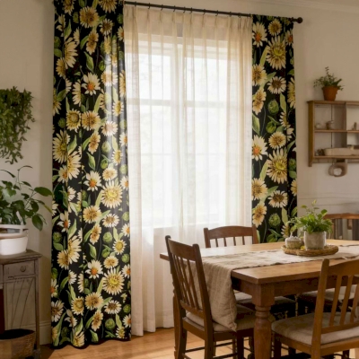 Custom-made Daisy curtain, Cotton-Linen feel fabric, Country Daisy print