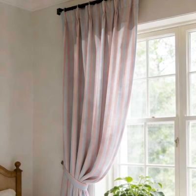 Custom-made CLÉMENCE curtain, Cotton-Linen feel fabric, Powder Pink and Light Blue stripes