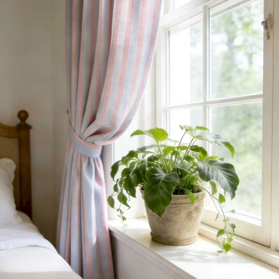 Custom-made CLÉMENCE curtain, Cotton-Linen feel fabric, Powder Pink and Light Blue stripes
