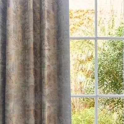 Custom Curtain AZARA, Velvet Jacquard Fabric with Scenic Garden Pattern and Golden Accents