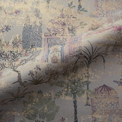 Custom Curtain AZARA, Velvet Jacquard Fabric with Scenic Garden Pattern and Golden Accents