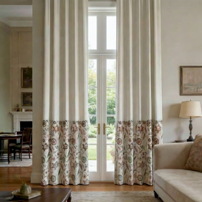 Rideau Sur Mesure FLORÉLIA, Tissu Aspect Coton-Lin, Broderies Florales Placées en Bas