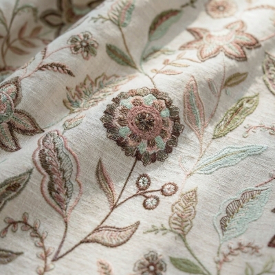 Rideau Sur Mesure FLORÉLIA, Tissu Aspect Coton-Lin, Broderies Florales Placées en Bas