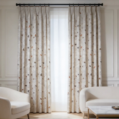 Rideau Sur Mesure ALVÉRIA, Tissu Brodé Aspect Lin, Motif Papillons et Végétation Dessinée