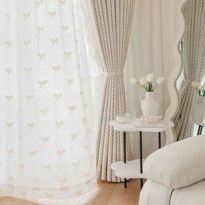 LORINA Custom-Made Sheer Curtain, Cotton Linen Blend Jacquard, Fancy Knot and Polka Dot Pattern