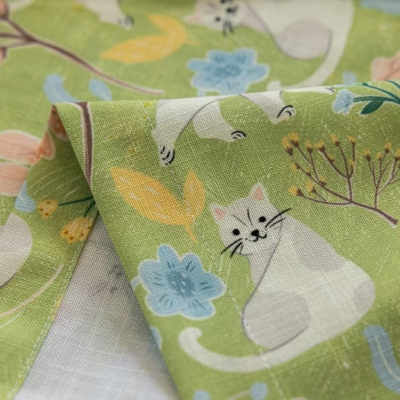 Custom-made FELINA curtain, printed linen-effect fabric, cat and spring garden motif