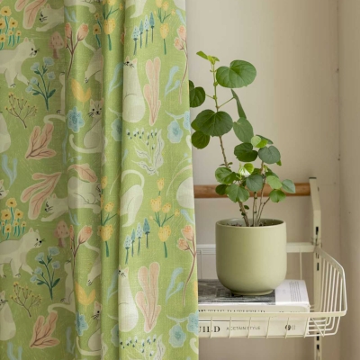 Custom-made FELINA curtain, printed linen-effect fabric, cat and spring garden motif