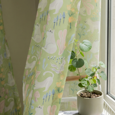 Custom-made FELINA voile curtain, printed linen-effect voile, cat and spring flower pattern