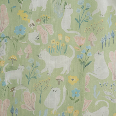 Custom-made FELINA voile curtain, printed linen-effect voile, cat and spring flower pattern