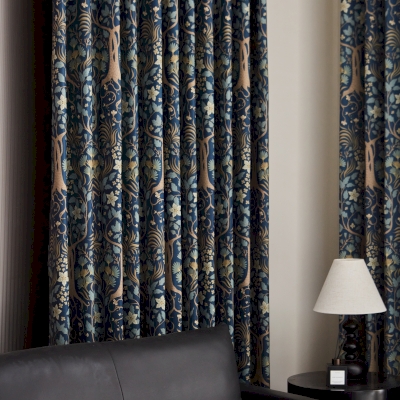 Custom ORVELIA Curtain, Printed Blackout Fabric, Deep Blue Jungle Floral Pattern
