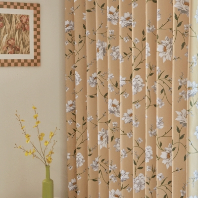 Custom LORÉVIA Curtain, Printed Blackout Fabric, White Floral Pattern on a Soft Beige Background