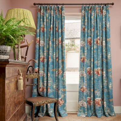 HERBORIA Custom-Made Curtain, Textured Jacquard Fabric, Vintage Floral Pattern in Shades of Blue