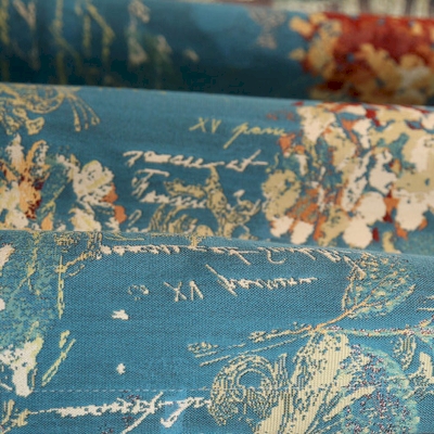 HERBORIA Custom-Made Curtain, Textured Jacquard Fabric, Vintage Floral Pattern in Shades of Blue